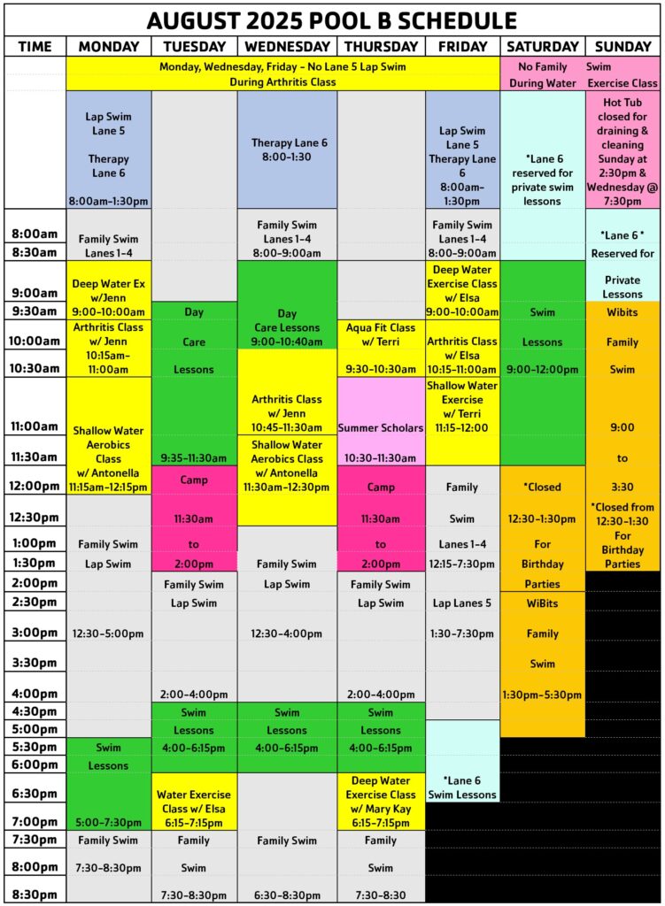 Pool B Schedule August 2025